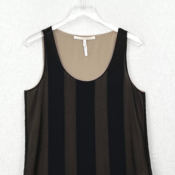 SCHUMACHER Fringe Trim Tunic Tank Top Women M Black Sheer Stripe Silk Scoop Neck - Picture 4 of 13